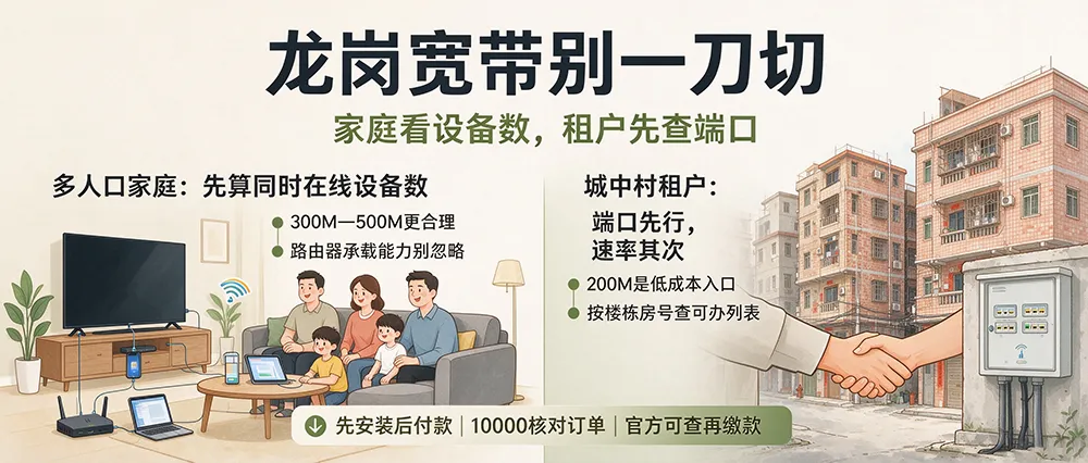龙岗中心城、坪地宽带：城中村租户与多人家庭的档位选择与端口确认